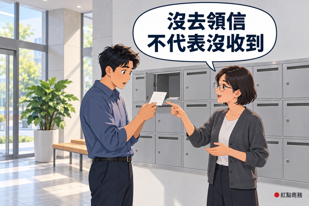 明亮整潔的辦公大樓大廳,牆上一排沒有號碼和名字的灰色信箱,左邊短髮、穿霧藍色襯衫的男上班族站在打開的信箱前,拿著一張剛取出的空白小單子一臉驚訝,右邊短鮑伯頭、戴眼鏡、穿石墨灰開襟衫的女同事指著單子說明,大廳有木頭長椅和一盆綠色植物,對話氣泡寫著沒去領信不代表沒收到