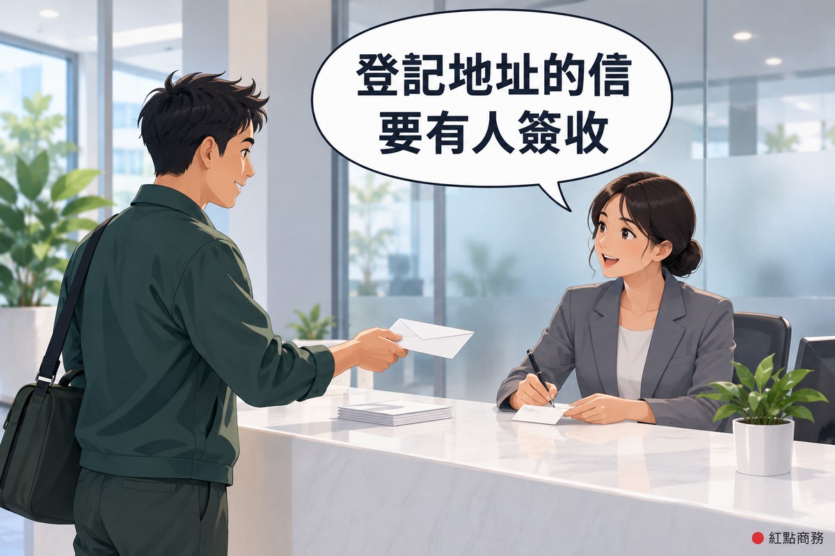 明亮的商務中心接待櫃台,背後是霧面玻璃,沒有任何招牌與標誌,左邊短髮、穿深綠色制服外套的郵差把一個空白信封遞過櫃台,右邊盤低髻、穿石墨灰西裝外套的女櫃台人員拿筆在一張空白小卡上簽收,桌上有一疊空白信封、筆和一盆綠色植物,對話氣泡寫著登記地址的信要有人簽收