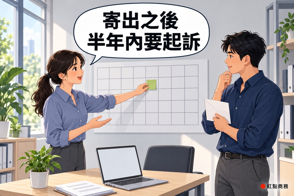 明亮的小辦公室,牆上掛著一張沒有任何數字的空白月曆格子,左邊綁低馬尾、穿霧藍色襯衫的女會計往牆上月曆格子貼上綠色便利貼,轉頭說明,右邊短髮、穿靛藍色襯衫的男老闆拿著空白信封點頭,旁邊木桌上有螢幕空白的筆電和一盆綠色植物,對話氣泡寫著寄出之後半年內要起訴