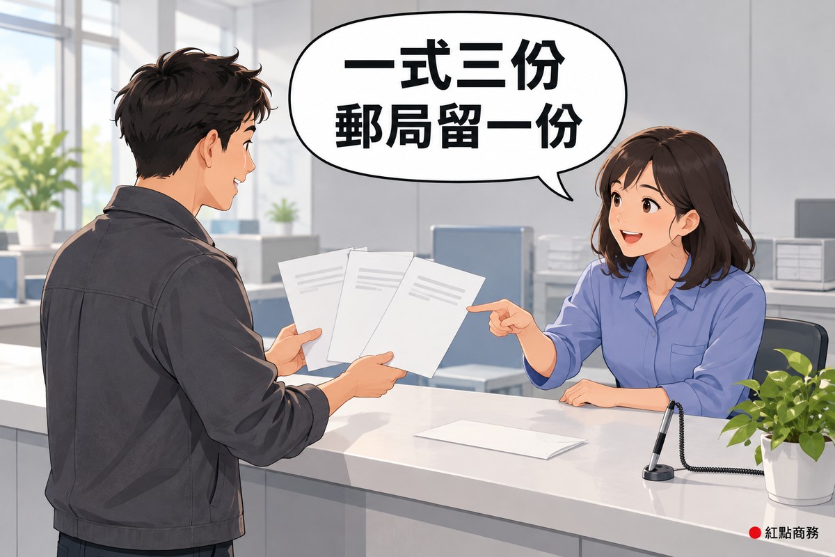 明亮乾淨、沒有任何招牌與標誌的服務櫃台,左邊短髮、穿石墨灰外套的男客人拿著三張並排的空白紙張遞過櫃台,右邊及肩黑髮、穿霧藍色制服襯衫的女櫃台人員身體前傾,指著紙張微笑說明,櫃台上有空白信封、附繩的筆和一盆綠色植物,對話氣泡寫著一式三份郵局留一份