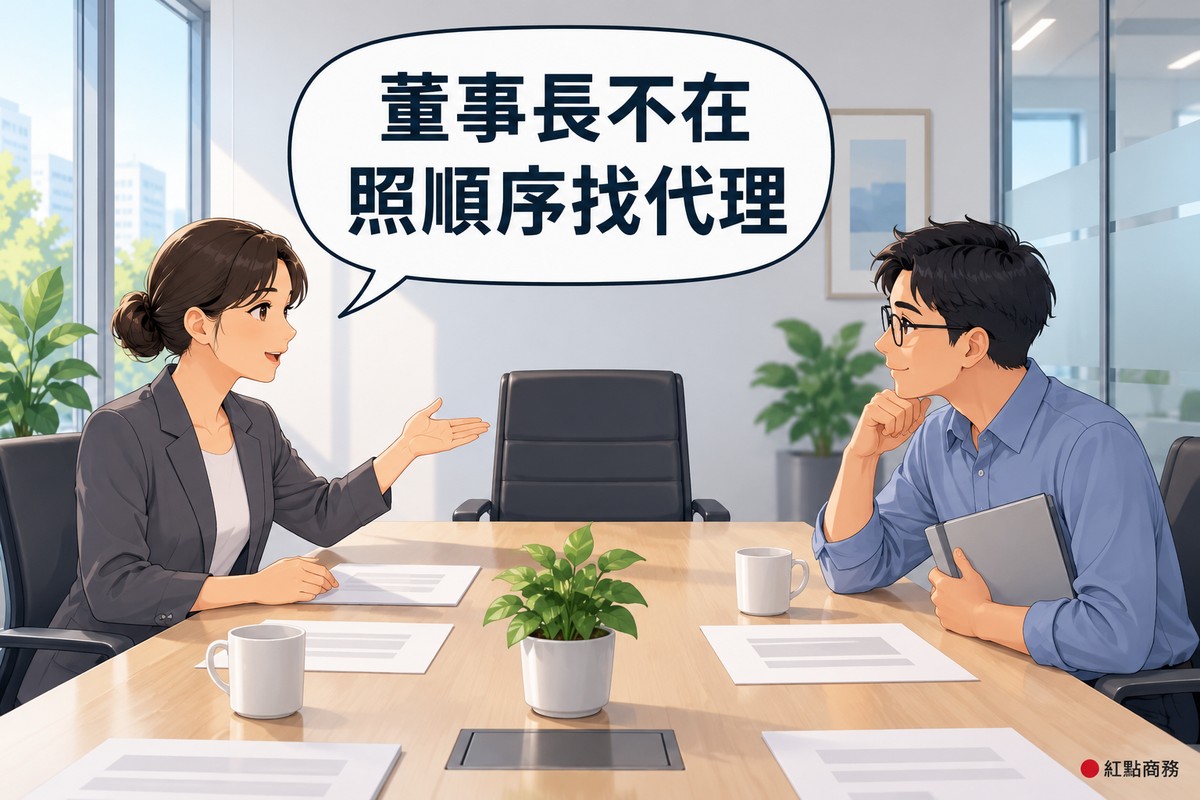 明亮的小會議室,長桌前端的椅子空著,左邊盤低髻、穿石墨灰西裝外套的女董事攤手指向空椅說明,右邊短髮、戴眼鏡、穿霧藍色襯衫的男董事一手托著下巴、一手抱著空白資料夾聽,對話氣泡寫著董事長不在照順序找代理