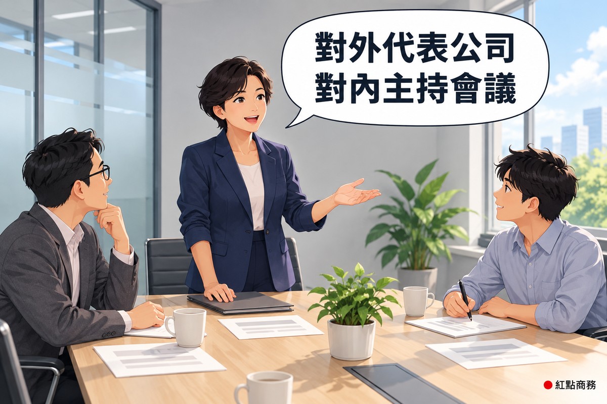 明亮的小會議室,穿靛藍色西裝外套的女董事長站在長桌前端,一手放在空白資料夾上、一手攤開主持會議,桌邊兩位董事坐著聽,對話氣泡寫著對外代表公司對內主持會議