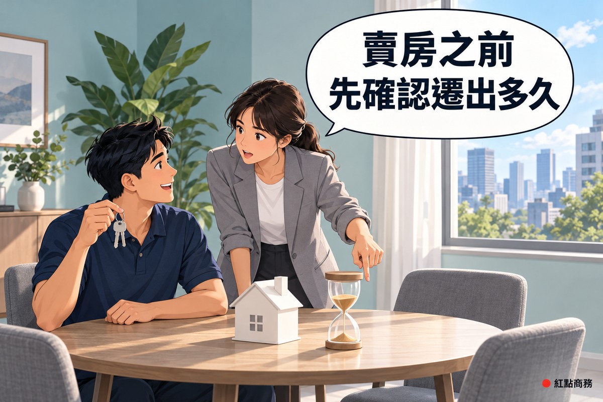 明亮的公寓餐桌一角,圓桌上放著白色的小房屋模型和一個沙漏;穿靛藍色短袖上衣的男性坐在桌前,一手舉著一串沒有字的鑰匙、面帶笑容,旁邊穿灰色西裝外套的女性身體前傾,一手撐著桌子、另一手指著沙漏,認真地對他說話,牆面是淡藍綠色,角落有一大盆綠色植物,窗外是城市街景,對話氣泡寫著賣房之前,先確認遷出多久