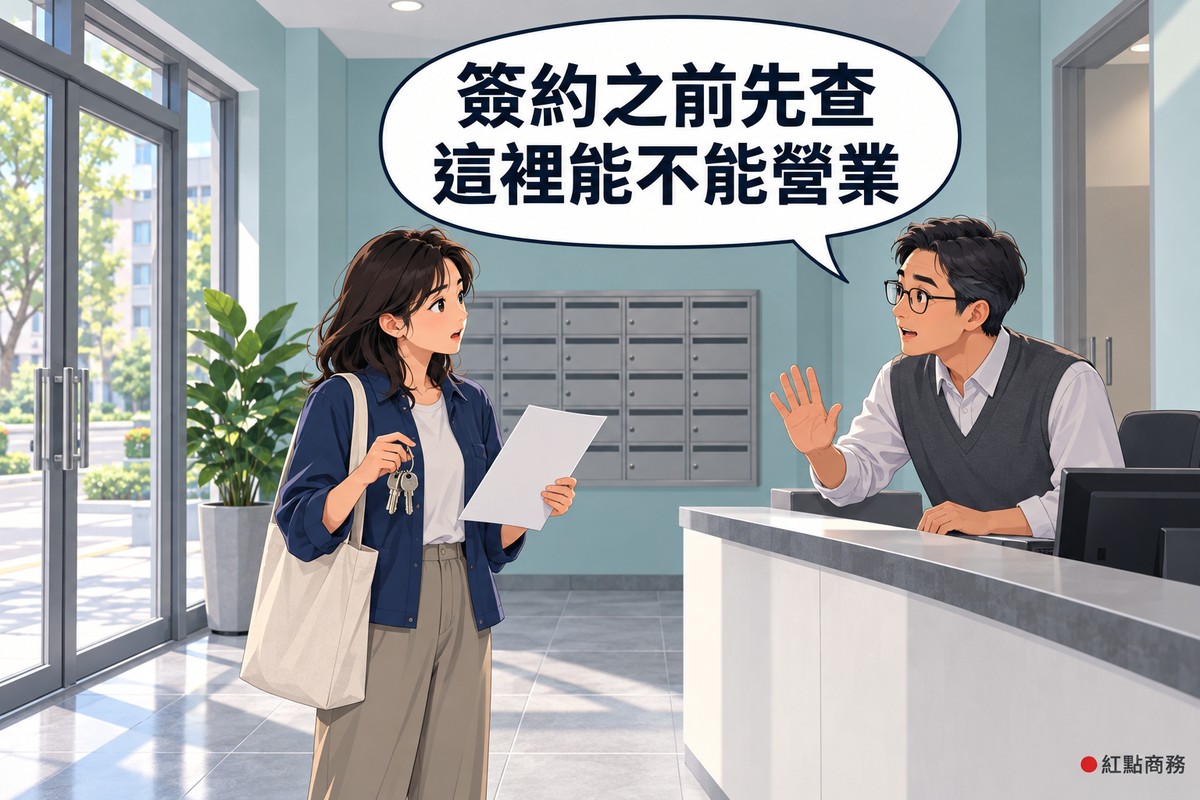 一棟住宅大樓的一樓大廳,左邊是玻璃門與白天的街道,後面牆上有一排沒有標示的信箱,右邊是管理櫃台;一位穿靛藍色襯衫外套、揹著米色帆布袋的女性站在中間,一手拿鑰匙、一手拿一張空白的紙,轉頭看著櫃台、表情有點驚訝;櫃台後面戴眼鏡、穿灰色背心的管理員身體前傾,舉起一隻手示意先等一下並對她說話,牆面是淡藍綠色,門邊有一盆綠色植物,對話氣泡寫著簽約之前先查,這裡能不能營業