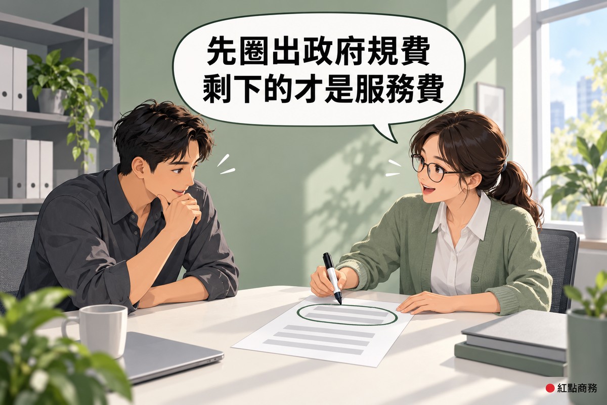 明亮辦公室的會議桌旁,一位戴眼鏡、綁馬尾、穿鼠尾草綠針織外套的女性顧問拿著筆,在桌上一張紙最上面的兩行畫了一個圈,紙上只有幾條淺灰色的橫條代表文字;坐在對面、穿深灰色襯衫的男性創業者身體前傾看著那個圈,一手托著下巴微笑,桌上有一個馬克杯和闔起來的筆電,背後是淡綠色的牆、放著資料夾的層架和幾盆綠色植物,對話氣泡寫著先圈出政府規費,剩下的才是服務費