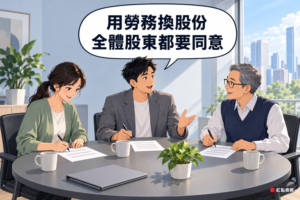 明亮的小會議室圓桌旁坐著三位股東,每人面前都有一張只有灰色橫條的文件和一支筆,左邊綁低馬尾、穿鼠尾草綠開襟衫的女夥伴低頭在文件上簽名,中間穿灰色西裝外套的男創辦人一手拿筆、一手攤開說明,右邊戴眼鏡、灰短髮、穿深藍色背心的年長股東拿著筆微笑點頭,桌上有三個馬克杯、一份灰色資料夾和一盆綠色植物,後面是淡灰藍色的牆和看得到城市的大窗戶,對話氣泡寫著用勞務換股份全體股東都要同意