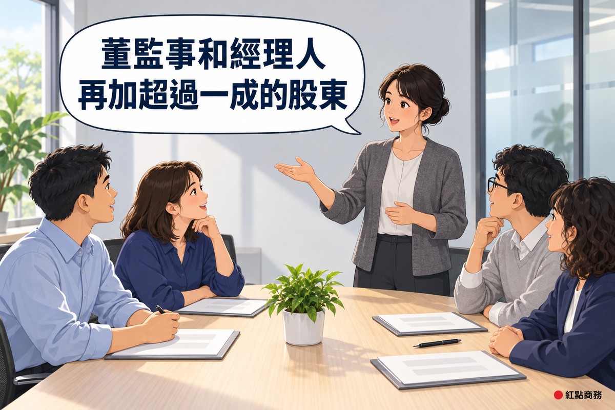明亮的小會議室,盤低髻、穿石墨灰開襟衫的顧問站在桌尾攤手說明,圍桌坐著四位穿著不同的人點頭聆聽,對話氣泡寫著董監事和經理人再加超過一成的股東