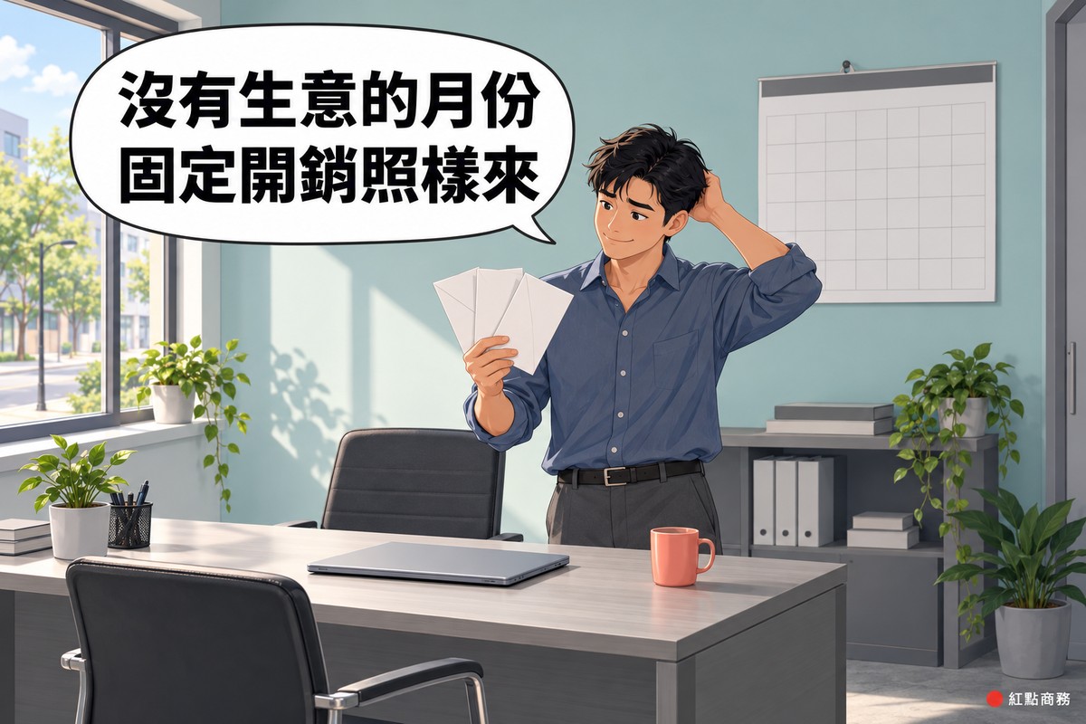 安靜的一人小辦公室,桌上是闔起來的筆電和一個珊瑚色的馬克杯,前面的椅子空著;一位捲起袖子、穿藍色襯衫的男老闆站在桌子後面,一手拿著攤成扇形的三個空白信封,苦笑地看著,另一手抓著後腦勺,身後牆上掛著格子全部空白的月曆,窗台與櫃子旁有幾盆綠色植物,牆面是淡藍綠色,對話氣泡寫著沒有生意的月份,固定開銷照樣來