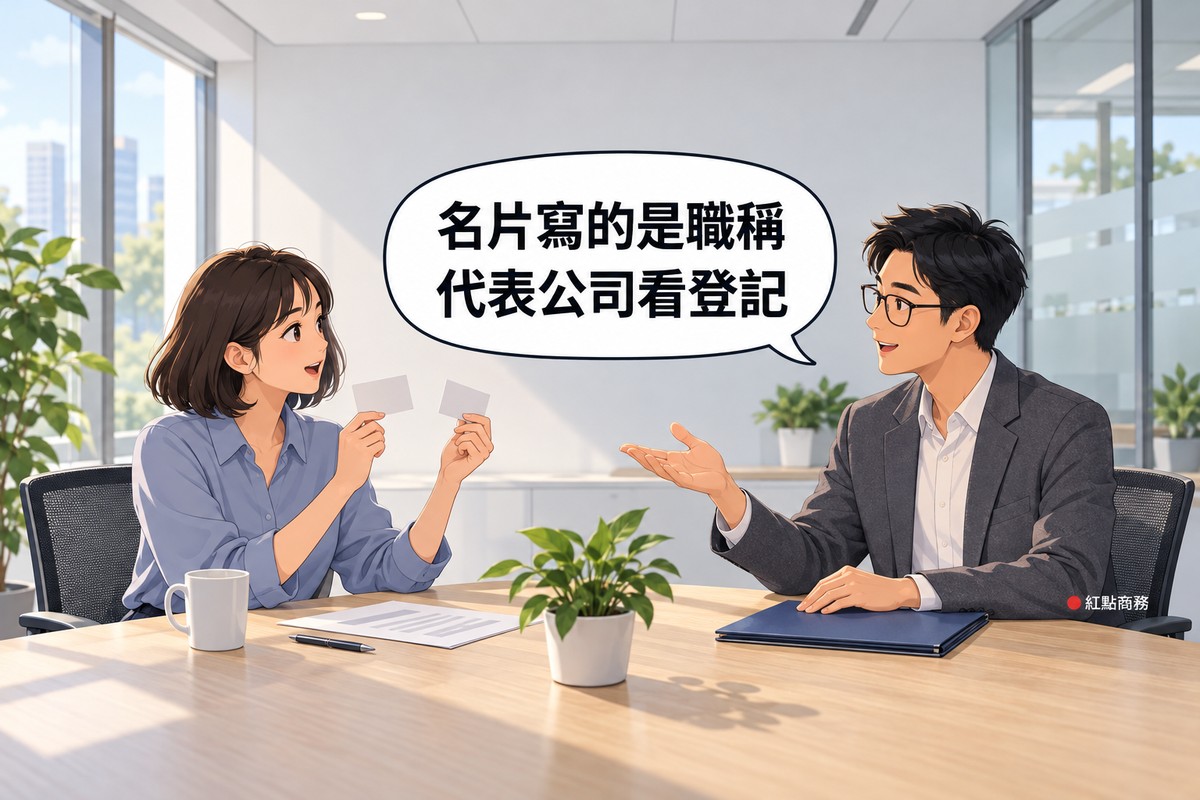 明亮的小會議室，左邊短鮑伯頭、穿霧藍色上衣的女創業者坐在木桌前，手上拿著兩張空白名片發問，右邊短髮、戴眼鏡、穿石墨灰西裝外套的男顧問一手放在靛藍色空白資料夾上微笑說明，對話氣泡寫著名片寫的是職稱代表公司看登記