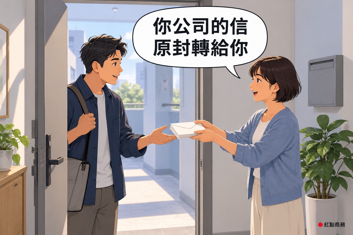 明亮的公寓門口,右邊穿霧藍色開襟衫的短髮女屋主雙手遞出一疊封好的空白信封、笑著說話,左邊穿靛藍色外套、背著灰色側背包的男朋友在敞開的門邊伸手接過、帶著微笑,牆上有一個空白的信箱,兩側各有一盆綠色植物,對話氣泡寫著你公司的信原封轉給你