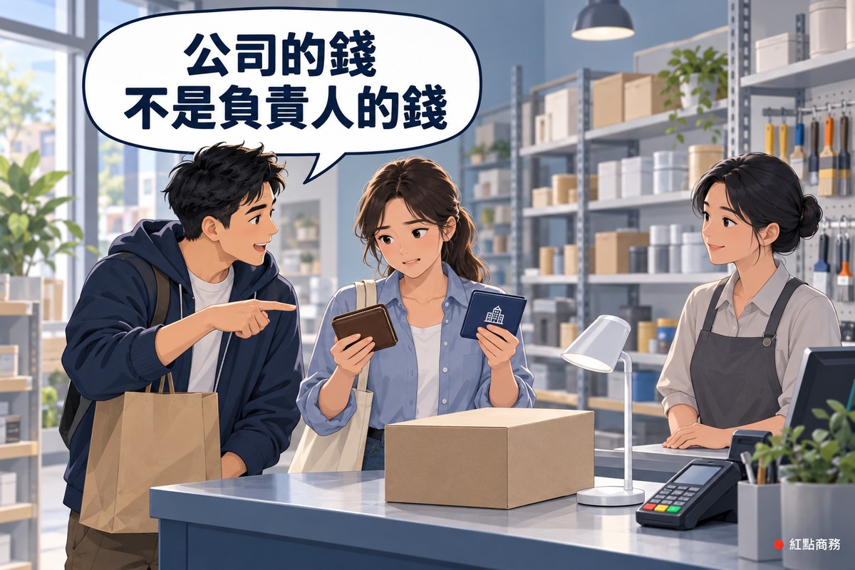 社區小五金行的結帳櫃檯前,一位背著帆布包的創業者一手拿著棕色皮夾,另一手拿著印有辦公大樓圖示的深藍色卡夾,低頭看著兩樣東西,不確定要用哪一個付錢;旁邊穿深藍色連帽外套、提著紙袋的朋友指著她手上的東西對她說話,櫃檯上有一個沒有印字的紙箱、一盞白色檯燈和一台刷卡機,穿圍裙的店員在櫃檯後面看著,後方貨架上的盒子和罐子都沒有標籤,對話氣泡寫著公司的錢,不是負責人的錢