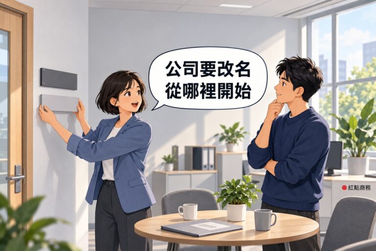 明亮的小辦公室裡,左邊穿霧藍色西裝外套、短髮的女創辦人站在門邊,雙手拿著一塊空白的淺灰色新門牌比在牆上、開口發問,右邊穿靛藍色針織衫的男合夥人手扶下巴點頭看著,門邊牆上還掛著舊的空白深灰色門牌,小圓桌上有兩個馬克杯、灰色資料夾和一盆綠色植物,對話氣泡寫著公司要改名從哪裡開始