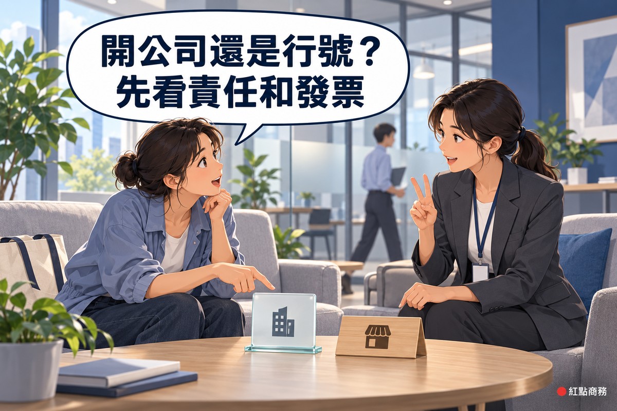 明亮的商務中心交誼區裡,兩個人坐在灰色沙發上;左邊穿藍色襯衫外套、綁著頭髮的創業者一手托著下巴,另一手指著圓木桌上的霧面玻璃桌牌,桌牌上只有一個辦公大樓的圖示,旁邊是一塊木頭桌牌,上面只有一個店面的圖示;右邊穿深灰色西裝外套、掛著空白識別證的顧問比出兩根手指回答,後方有霧面玻璃隔間、盆栽和拿著筆電走過的人,對話氣泡寫著開公司還是行號,先看責任和發票