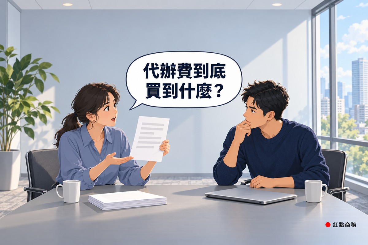 明亮的小會議室，左邊穿霧藍色襯衫的女創業者坐在灰色長桌前，手舉一張只有灰色橫條的紙、轉向對面發問，右邊穿靛藍色毛衣的男合夥人一手托著下巴看著她，桌上有闔上的筆電、兩個白色馬克杯和一疊白紙，背景是淡灰藍色的牆、看得到城市的大窗戶和綠色植物，對話氣泡寫著代辦費到底買到什麼