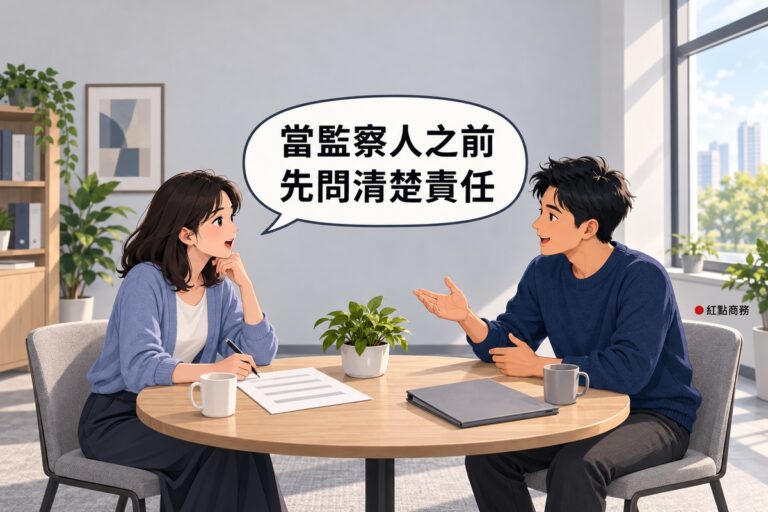 明亮的會議角落,左邊穿霧藍色開襟衫、及肩黑髮的女子拿著筆停在一張空白表格上方開口發問,右邊穿靛藍色針織衫的男創辦人身體前傾、攤開一手解釋,桌上有灰色資料夾、兩個馬克杯和一盆綠色植物,對話氣泡寫著當監察人之前先問清楚責任