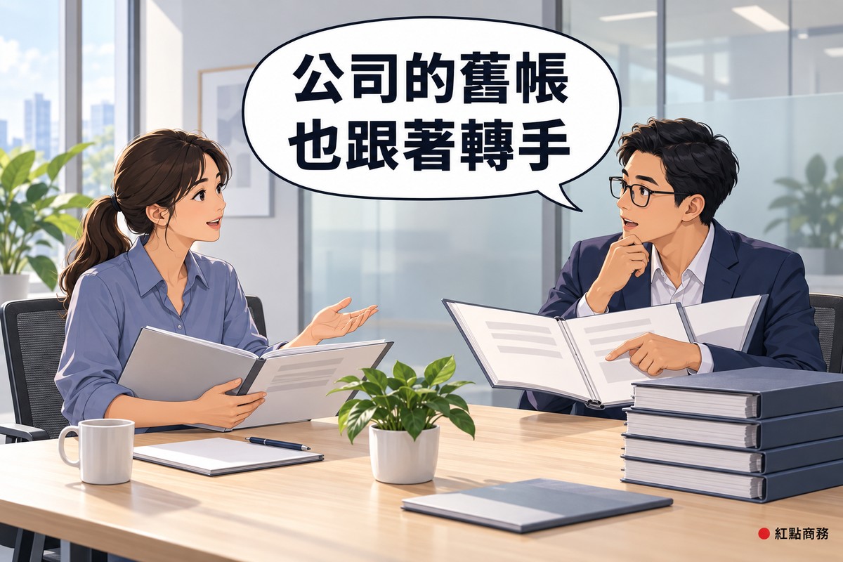 明亮的會議室,右邊短髮、戴眼鏡、穿靛藍色西裝外套的男買方坐在長木桌前,面前一疊空白資料夾,翻開其中一本指著空白頁面發問,左邊綁馬尾、穿霧藍色襯衫的女賣方坐在對面拿著另一本空白資料夾點頭說明,對話氣泡寫著公司的舊帳也跟著轉手