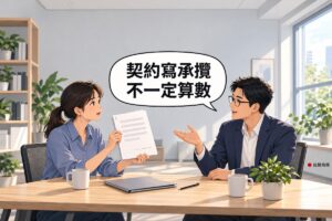 明亮的小辦公室，左邊綁短馬尾、穿霧藍色襯衫的年輕老闆坐在木桌旁，舉起一份只有灰色橫條的空白合約，右邊戴眼鏡、穿靛藍色西裝外套的法律顧問坐在對面，攤開一手說明，桌上有灰色資料夾、筆、兩個馬克杯和一盆綠色植物，對話氣泡寫著契約寫承攬不一定算數