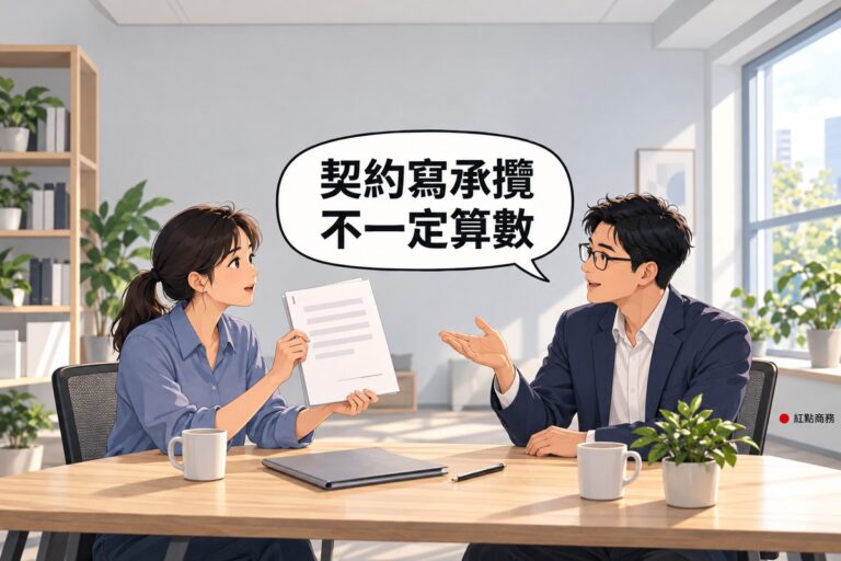 明亮的小辦公室,左邊綁短馬尾、穿霧藍色襯衫的年輕老闆坐在木桌旁,舉起一份只有灰色橫條的空白合約,右邊戴眼鏡、穿靛藍色西裝外套的法律顧問坐在對面,攤開一手說明,桌上有灰色資料夾、筆、兩個馬克杯和一盆綠色植物,對話氣泡寫著契約寫承攬不一定算數