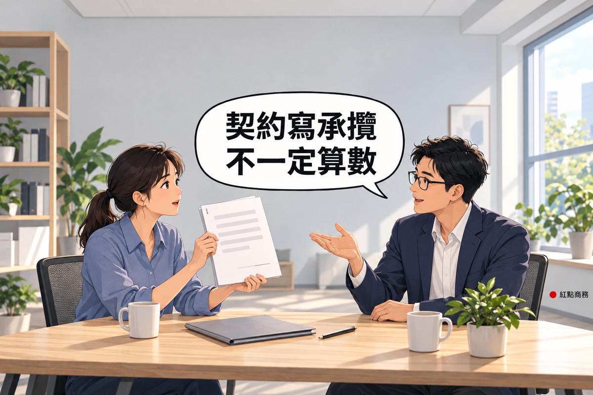 明亮的小辦公室，左邊綁短馬尾、穿霧藍色襯衫的年輕老闆坐在木桌旁，舉起一份只有灰色橫條的空白合約，右邊戴眼鏡、穿靛藍色西裝外套的法律顧問坐在對面，攤開一手說明，桌上有灰色資料夾、筆、兩個馬克杯和一盆綠色植物，對話氣泡寫著契約寫承攬不一定算數