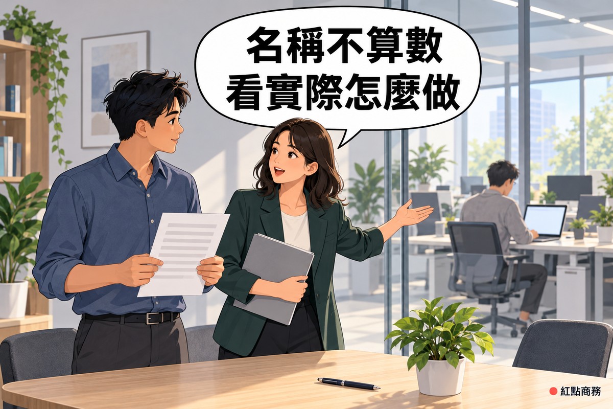 明亮的小辦公室,穿霧藍色襯衫的短髮男老闆拿著只有灰色橫條的空白合約,旁邊穿深綠色西裝外套的長髮女法律顧問攤開一手指向玻璃隔間後方,隔間裡一位穿灰色毛衣的工作者坐在公司的辦公桌前用螢幕空白的筆電工作,對話氣泡寫著名稱不算數看實際怎麼做