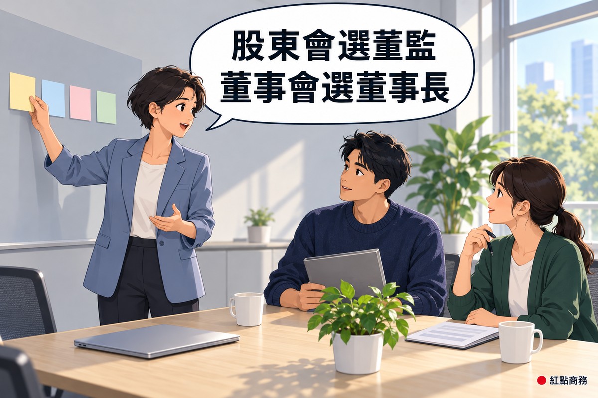 明亮的會議室,左邊穿霧藍色西裝外套、短髮的女子站在淺灰色牆板旁貼上一張空白卡片並轉頭說話,右邊穿靛藍色針織衫的男子拿著灰色資料夾點頭,綁低馬尾、穿深綠色開襟衫的女子拿筆聆聽,桌上有闔上的筆電、馬克杯和一盆綠色植物,對話氣泡寫著股東會選董監董事會選董事長