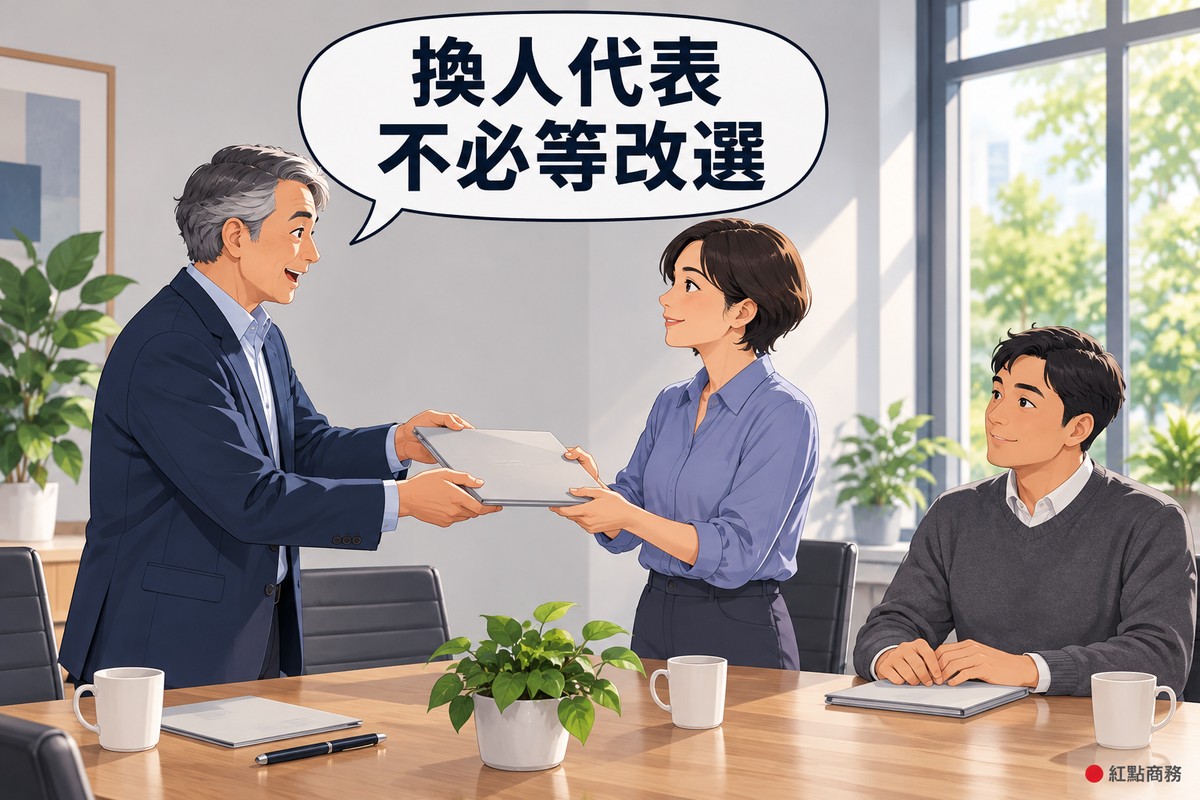 明亮的家族工廠會議室,頭髮灰白、穿靛藍色西裝外套的父親站著雙手把空白資料夾交給短黑髮、穿霧藍色上衣的女兒,女兒雙手接過點頭,後方另一位穿石墨灰毛衣的董事坐著微笑聆聽,對話氣泡寫著換人代表不必等改選