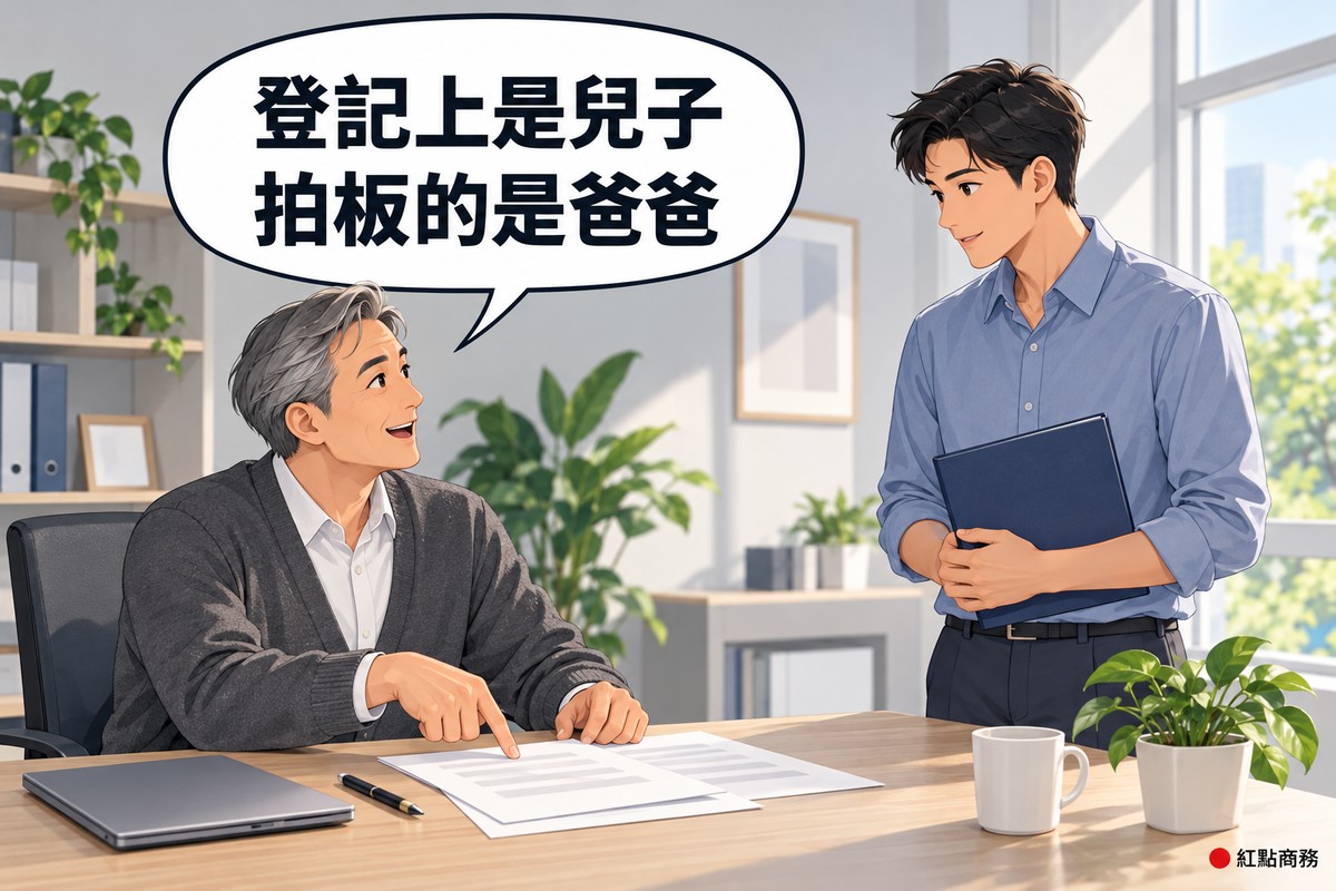 明亮的家族公司辦公室,左邊灰短髮、穿石墨灰開襟衫的父親坐在主位指著桌上的空白文件交代事情,右邊穿霧藍色襯衫的兒子拿著靛藍色資料夾站在桌旁聽父親說話,對話氣泡寫著登記上是兒子拍板的是爸爸