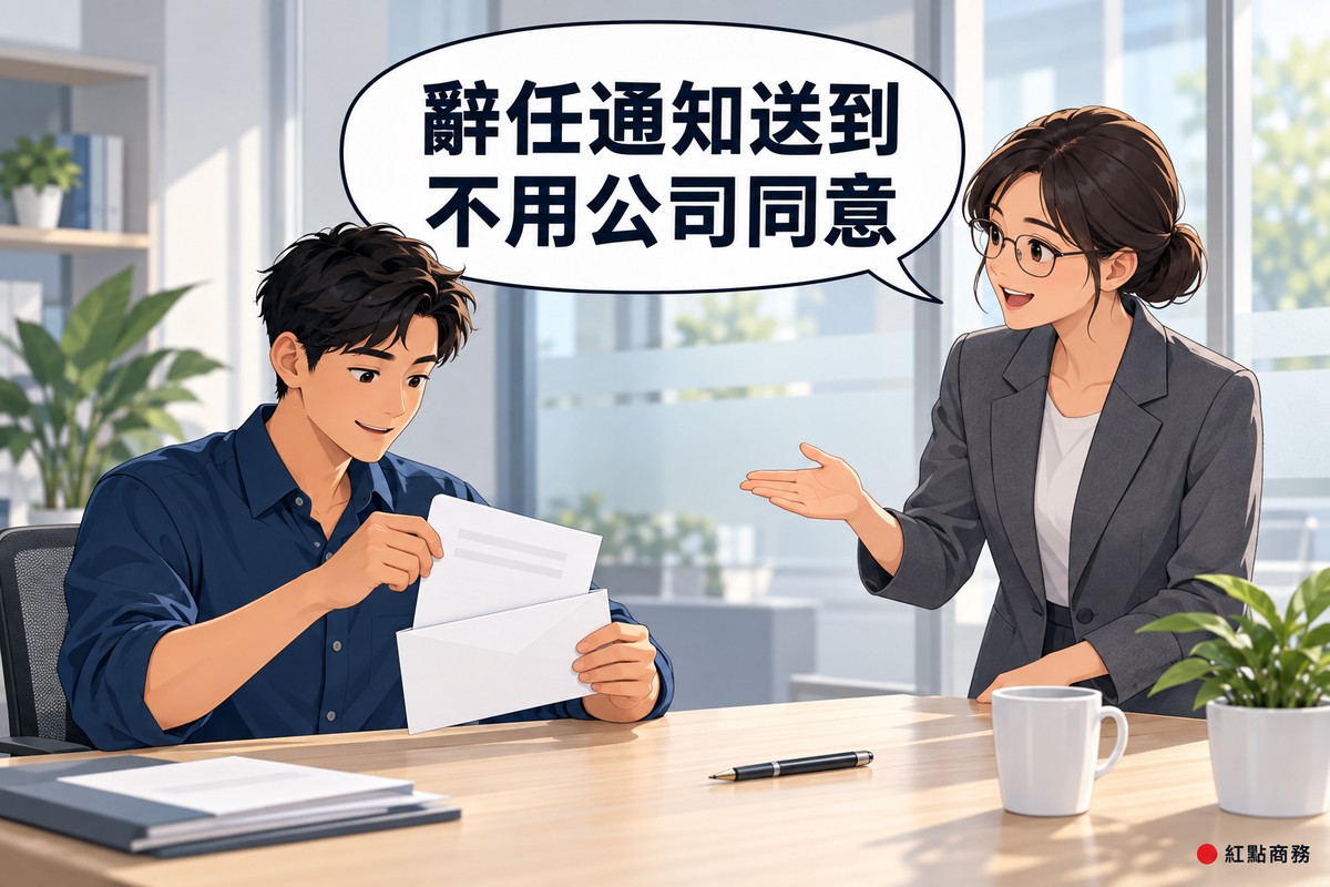 明亮的辦公室角落,左邊穿靛藍色襯衫的男子坐在桌前把一張空白紙放進空白信封,右邊盤低髮髻、戴眼鏡、穿石墨灰西裝外套的女顧問站在旁邊攤開一隻手說明,對話氣泡寫著辭任通知送到不用公司同意