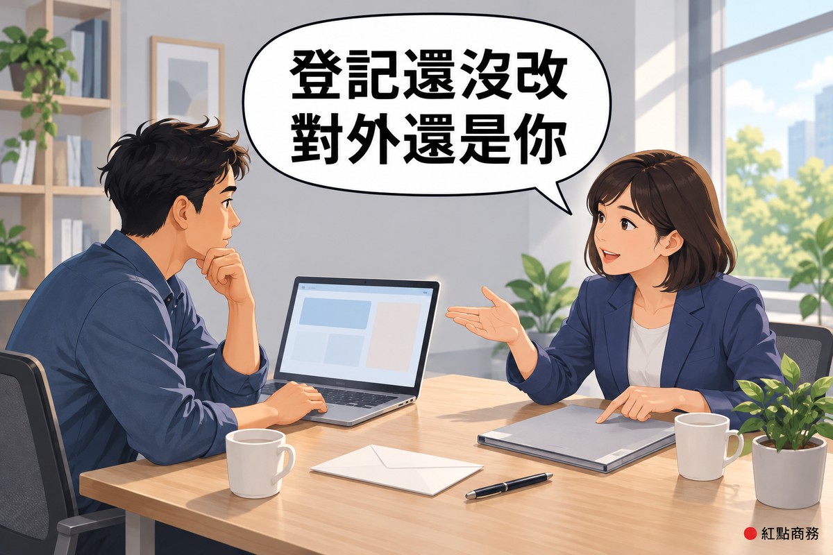 明亮的諮詢室,左邊短捲髮、穿霧藍色襯衫的男子一手托著下巴看著筆電若有所思,右邊短鮑伯頭、穿靛藍色西裝外套的女顧問指著桌上的空白資料夾說明下一步,對話氣泡寫著登記還沒改對外還是你