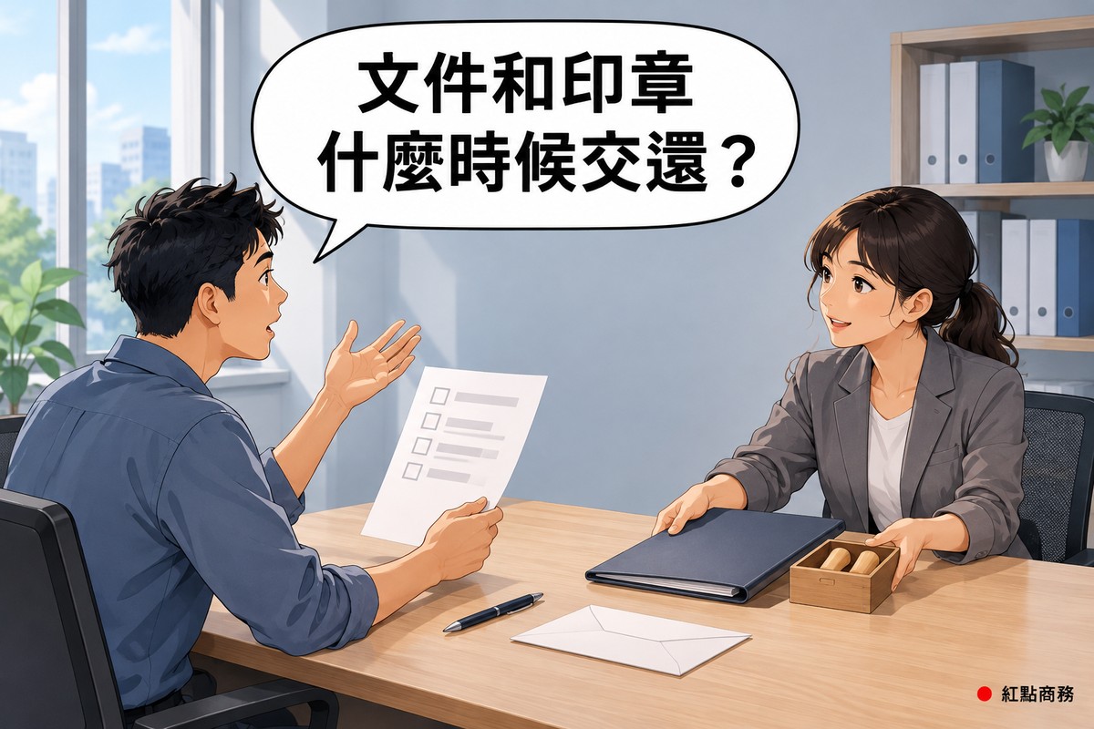明亮的小辦公室,右邊穿淺灰色西裝外套的女承辦人坐在木桌對面,把一個闔上的資料夾和裝著兩顆空白木頭印章的小木盒推向客戶,左邊穿霧藍色襯衫的男客戶手拿一張只有空白勾選框的清單、舉起另一隻手發問,桌上有筆和信封,後面是淡灰藍色的牆、放著空白檔案夾的書架和窗邊的綠色植物,對話氣泡寫著文件和印章什麼時候交還