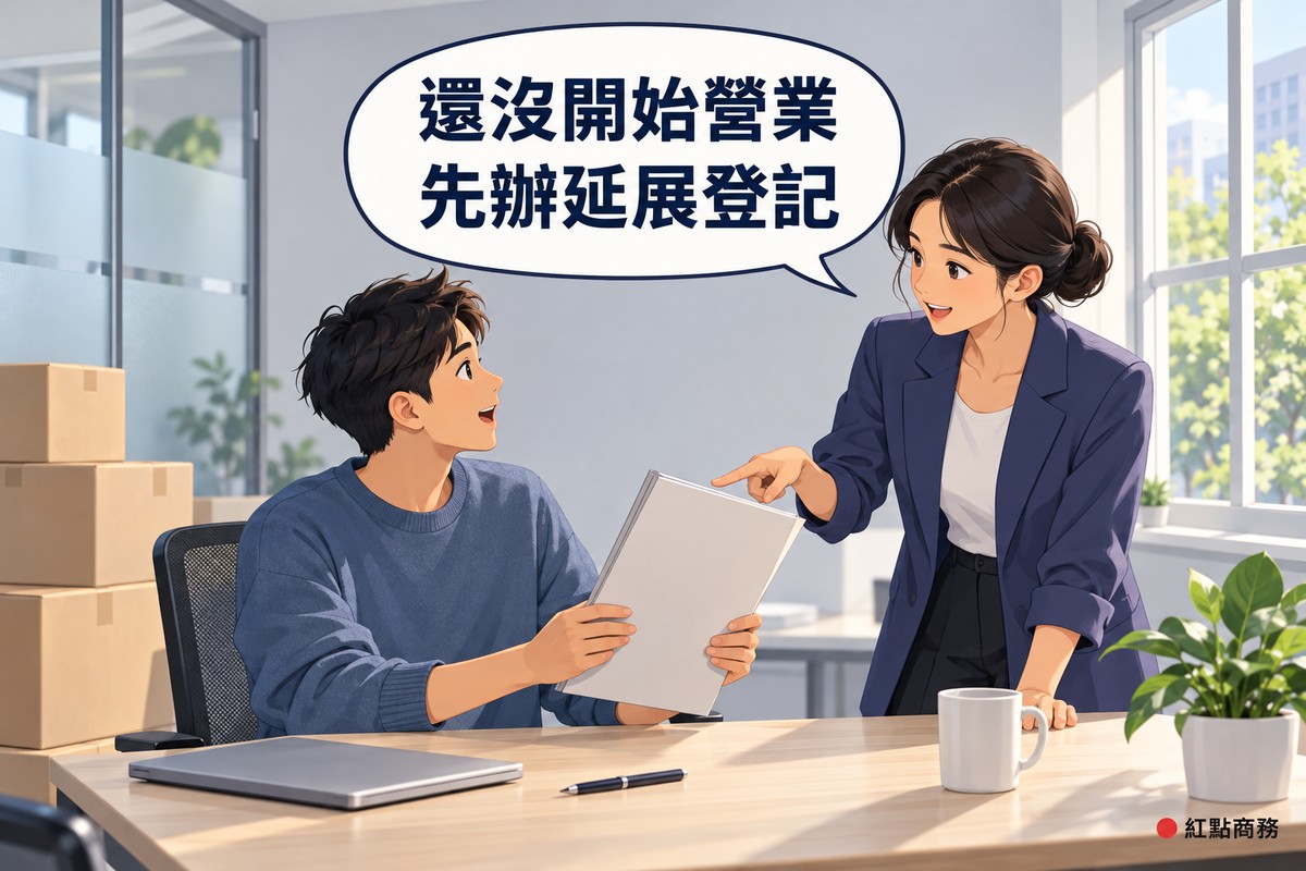 明亮、剛租下的小辦公室,角落放著幾個沒有字的紙箱,左邊短髮、穿霧藍色毛衣的男創業者坐在桌前拿著空白資料夾抬頭說話,右邊盤低髻、穿靛藍色西裝外套的女同事站在桌邊指著資料夾微笑說明,對話氣泡寫著還沒開始營業先辦延展登記