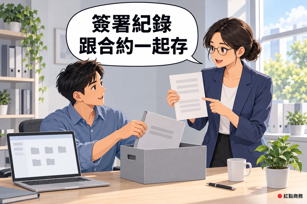 明亮的小辦公室,穿霧藍色襯衫的短髮年輕男行政坐在木桌前,把一份灰色文件放進打開的灰色檔案盒,筆電螢幕只有空白資料夾圖形,旁邊綁低髮髻、戴眼鏡、穿靛藍色西裝外套的女律師站著舉起另一張只有灰色橫條的紙說明,桌上有筆、馬克杯和一盆綠色植物,對話氣泡寫著簽署紀錄跟合約一起存