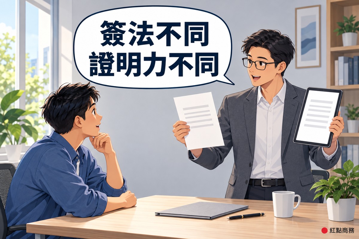 明亮的小諮詢室,戴眼鏡、穿石墨灰西裝外套的男律師站在木桌旁,一手拿著空白紙張、一手拿著只顯示空白頁面的平板比較說明,坐在桌前穿霧藍色襯衫的短髮年輕男客戶傾身點頭聽,桌上有灰色資料夾、筆、馬克杯和一盆綠色植物,對話氣泡寫著簽法不同證明力不同