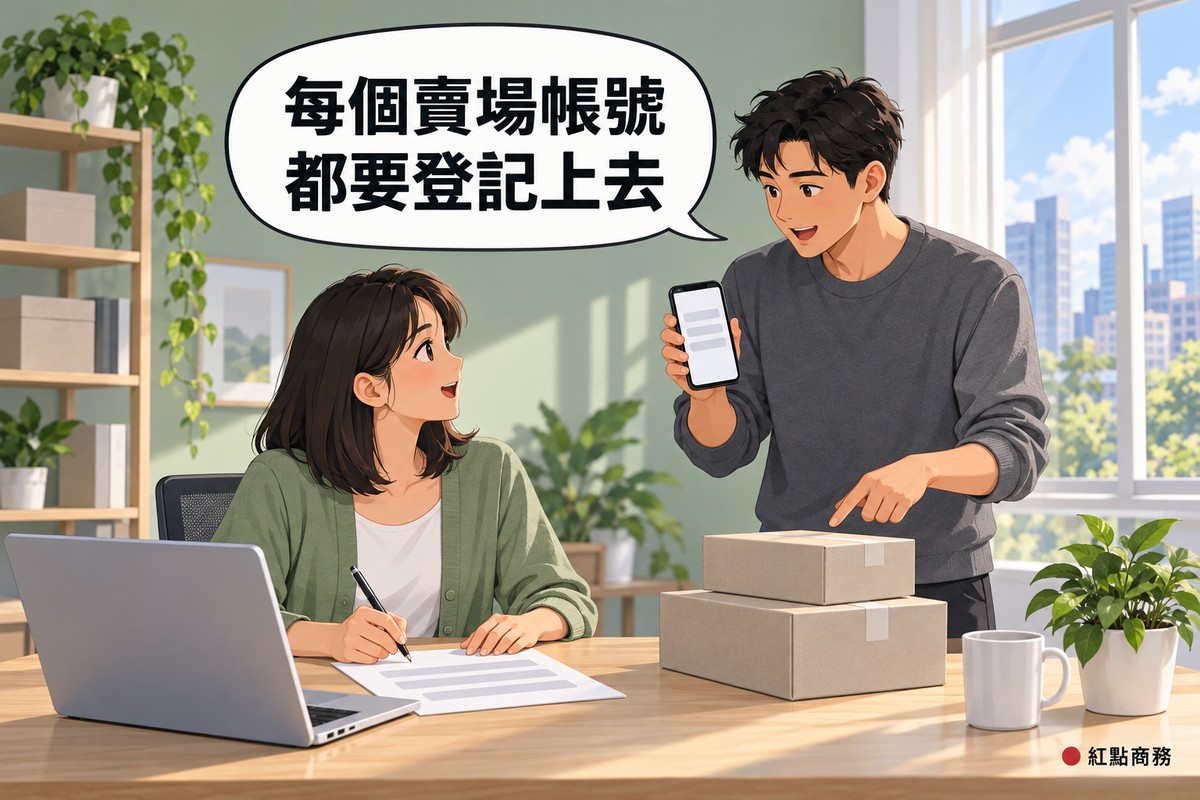 明亮的居家工作桌前,穿鼠尾草綠針織外套的網拍賣家拿著筆填一張只有灰色橫條的表格、轉頭發問,穿石墨灰毛衣的朋友站在旁邊拿著畫面空白的手機、指著桌上的兩個素色包裹說明,桌上還有筆電、馬克杯和一盆綠色植物,對話氣泡寫著每個賣場帳號都要登記上去
