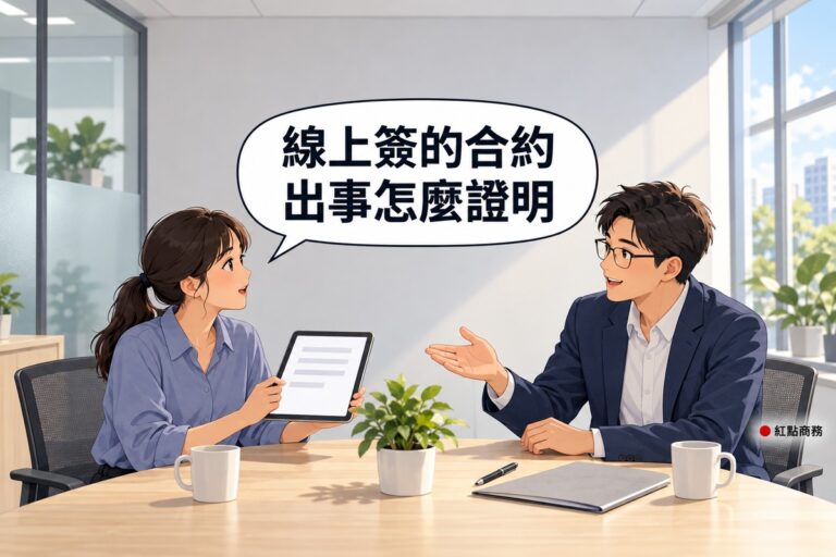 明亮的商務中心會議角落,左邊綁短馬尾、穿霧藍色襯衫的女老闆坐在木桌前拿著一台只顯示空白頁面的平板,抬頭看著對面,右邊戴眼鏡、穿靛藍色西裝外套的男律師坐在對面攤開一手指向平板說明,桌上有灰色資料夾、筆、兩個馬克杯和一盆綠色植物,背後是霧面玻璃隔間,對話氣泡寫著線上簽的合約出事怎麼證明