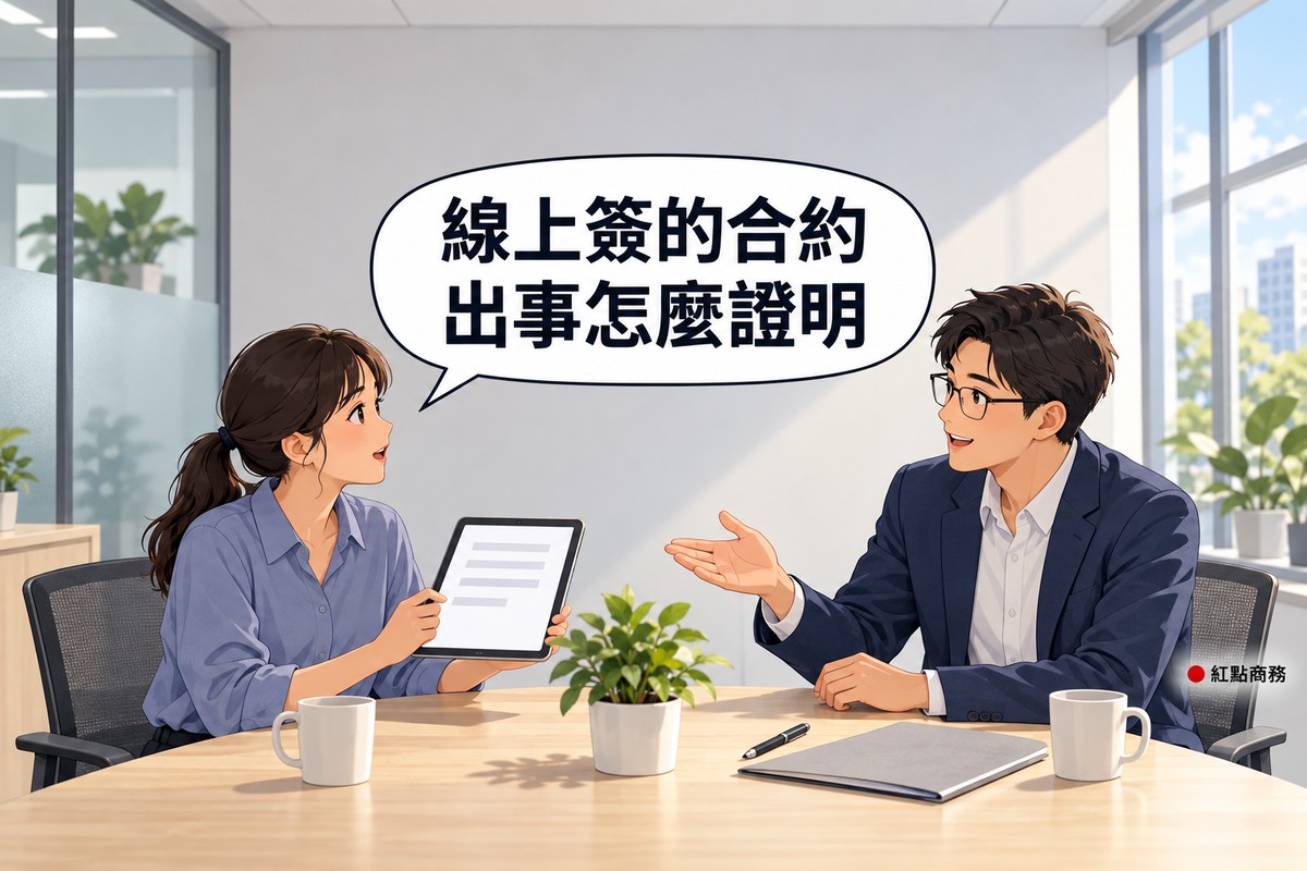 明亮的商務中心會議角落，左邊綁短馬尾、穿霧藍色襯衫的女老闆坐在木桌前拿著一台只顯示空白頁面的平板，抬頭看著對面，右邊戴眼鏡、穿靛藍色西裝外套的男律師坐在對面攤開一手指向平板說明，桌上有灰色資料夾、筆、兩個馬克杯和一盆綠色植物，背後是霧面玻璃隔間，對話氣泡寫著線上簽的合約出事怎麼證明