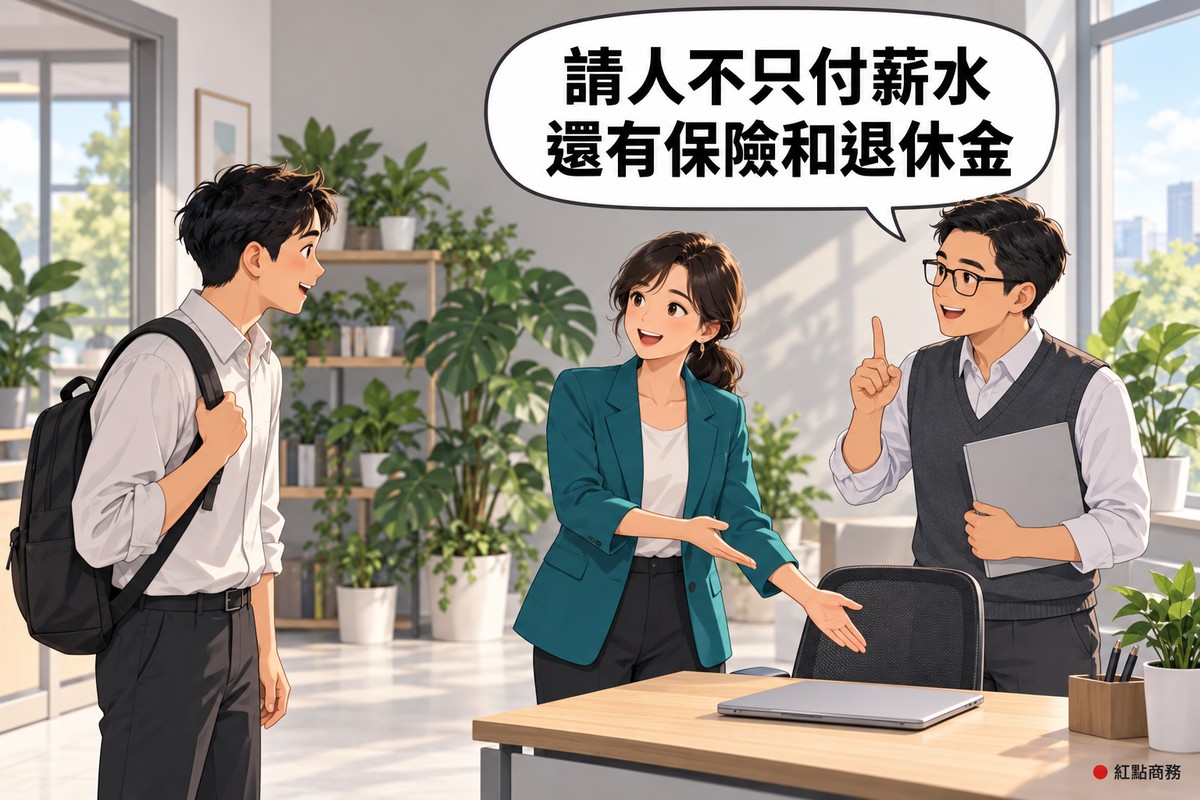 明亮的小辦公室裡,新員工到職的第一天:穿藍綠色西裝外套的女老闆微笑著攤開雙手,指向一張放著闔起筆電的辦公桌與椅子;左邊一位背著黑色後背包、穿白襯衫的男性新員工剛走進來,笑著看向她;右邊戴眼鏡、穿深灰色背心的男性記帳人員一手把空白的資料夾抱在胸前,另一手豎起食指正在提醒,背後是淺灰色的牆和一整排綠色盆栽,對話氣泡寫著請人不只付薪水,還有保險和退休金