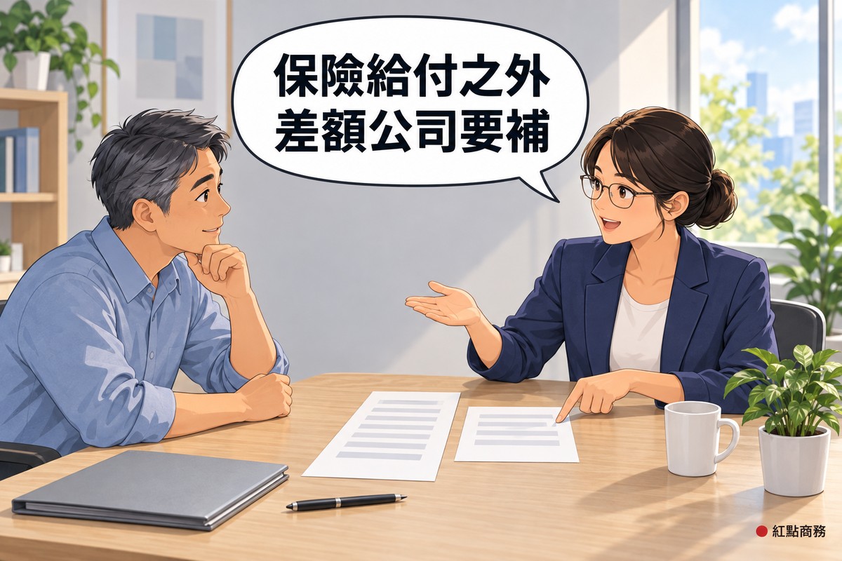 明亮的小諮詢室,右邊綁低髮髻、戴眼鏡、穿靛藍色西裝外套的女律師把一長一短兩張只有灰色橫條的紙並排放在木桌上,指著兩張紙長度的差距說明,左邊穿霧藍色襯衫的灰白短髮男老闆傾身點頭,桌上有灰色資料夾、筆、馬克杯和一盆綠色植物,對話氣泡寫著保險給付之外差額公司要補