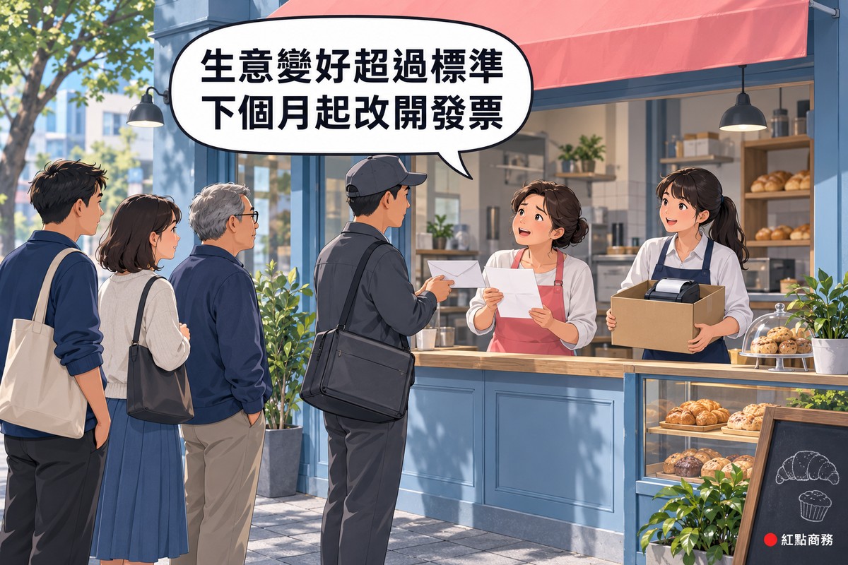 從人行道看過去的小烘焙店門口,珊瑚粉色的遮陽棚下有三位客人在排隊;戴帽子、穿深灰色制服、斜背郵包的郵務人員把一個信封遞到櫃檯上,櫃檯後把頭髮盤起來、穿珊瑚粉色圍裙的女老闆手上拿著攤開的空白信紙抬頭看,表情又高興又有點擔心;旁邊綁馬尾的年輕女店員抱著一個紙箱,裡面露出一台小型的收據列印機,店面是霧藍色的,層架與玻璃櫃裡擺著麵包,門邊有綠色植物和一塊畫著可頌與杯子蛋糕的小黑板,對話氣泡寫著生意變好超過標準,下個月起改開發票