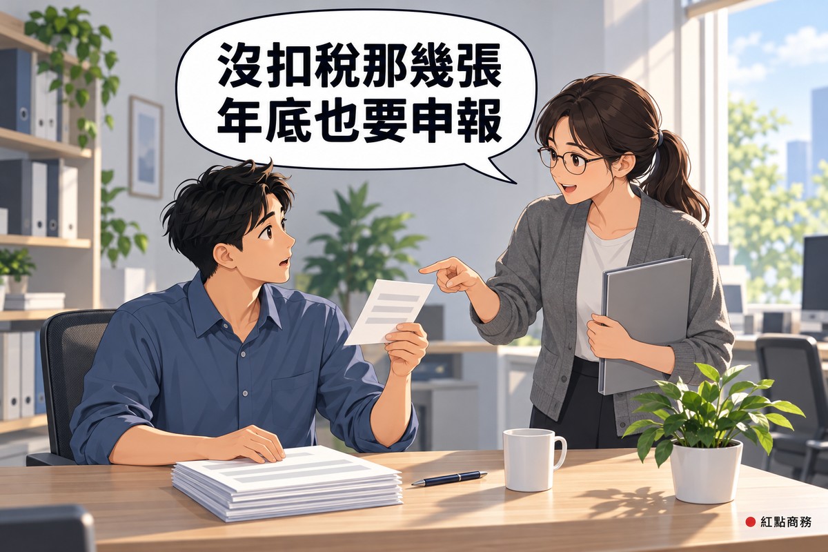 明亮的小辦公室,穿霧藍色襯衫的短髮年輕男行政坐在木桌前,從一小疊只有灰色橫條的空白表單裡拿起最薄的一張,旁邊綁低馬尾、戴眼鏡、穿石墨灰開襟衫的女會計站著用手指輕點那張紙提醒,另一手拿著灰色資料夾,桌上有筆、馬克杯和一盆綠色植物,對話氣泡寫著沒扣稅那幾張年底也要申報