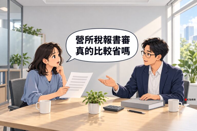 明亮的商務中心會議角落,左邊及肩黑髮、穿霧藍色上衣的女老闆拿著一張只有灰色橫條的紙看向對面,右邊戴眼鏡、穿靛藍色西裝外套的男會計師一手按著厚厚的空白帳冊、一手攤開說明,桌上有螢幕空白的計算機、筆、兩個馬克杯和一盆綠色植物,背後是霧面玻璃隔間,對話氣泡寫著營所稅報書審真的比較省嗎