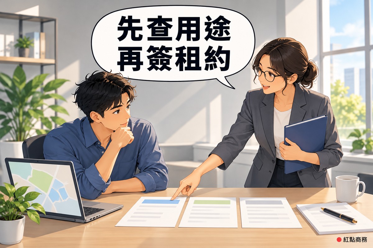 明亮的辦公室,左邊穿藍色襯衫的男子坐在桌前、一手托著下巴看向顧問,桌上的筆電螢幕只有色塊的地圖,旁邊並排三張只有淡藍、淡綠、淡灰抬頭色條的空白文件,右側放著一份空白租約和一支筆;右邊盤低髮髻、戴眼鏡、穿石墨灰西裝外套的女顧問一手抱著靛藍色資料夾、一手指著第一張文件說明,對話氣泡寫著先查用途再簽租約
