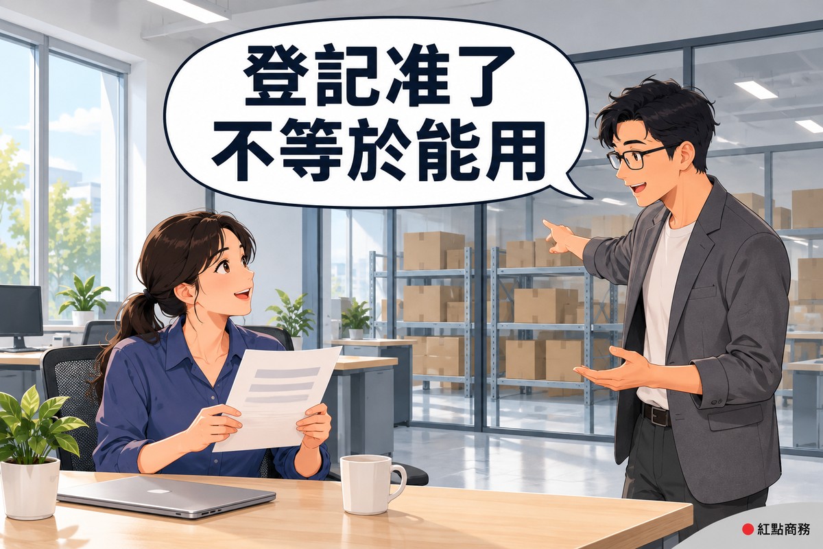 廠辦樓上明亮的辦公區,後面玻璃隔間外是堆著素面紙箱的倉儲區;左邊穿靛藍色上衣、綁馬尾的女性負責人坐著,雙手拿著一張只有灰色橫條的空白文件,笑著抬頭看顧問,右邊戴眼鏡、穿石墨灰西裝外套的男顧問一手比向後方的倉儲區、一手攤開說明,對話氣泡寫著登記准了不等於能用
