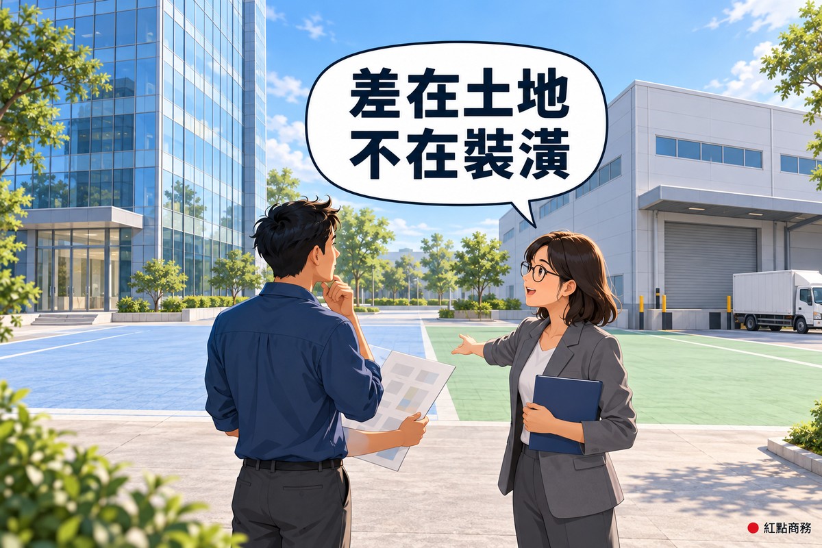 明亮的廣場,背景左邊是玻璃辦公大樓、右邊是有鐵捲門和卸貨平台的淺灰色廠辦,旁邊停著一輛白色貨車,兩棟樓前的地面一塊淡藍、一塊淡綠;前景穿藍色襯衫的年輕男子一手托著下巴、一手拿著只有色塊的紙,轉頭看向顧問,右邊戴眼鏡、穿石墨灰西裝外套的女顧問一手抱著靛藍色資料夾、一手伸向前方的地面說明,對話氣泡寫著差在土地不在裝潢