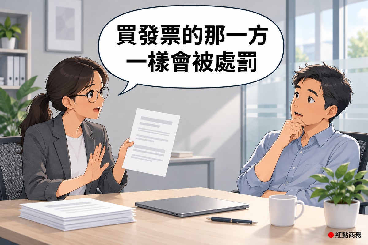 明亮的小辦公室,左邊戴眼鏡、綁低馬尾、穿石墨灰西裝外套的女會計拿起一張空白文件、另一手比出稍等的手勢說明,右邊短髮、穿霧藍色襯衫的男老闆坐在對面一手托著下巴揚眉專心聽,對話氣泡寫著買發票的那一方一樣會被處罰