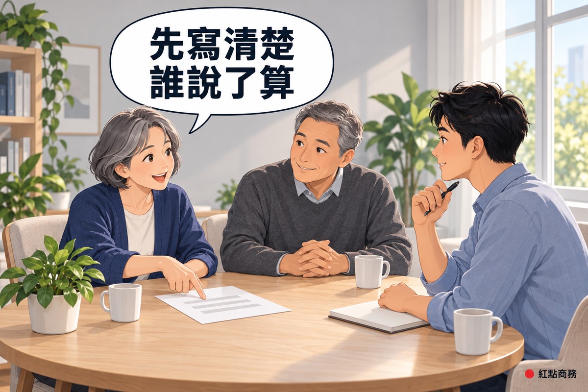 明亮的小會議室,三位家人圍坐圓桌,灰色短髮、穿靛藍色開襟衫的母親指著桌上一張空白文件微笑說明,穿石墨灰毛衣的父親雙手交握點頭,右邊穿霧藍色襯衫的兒子一手拿筆托著下巴專心聽,對話氣泡寫著先寫清楚誰說了算