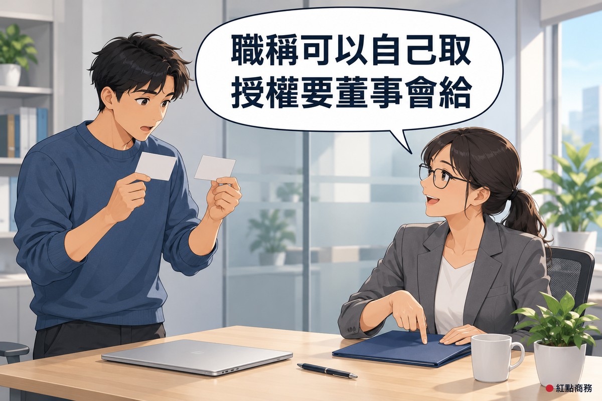 明亮的小辦公室,左邊短髮、穿藍色毛衣的年輕男同事舉著兩張空白名片比較發問,右邊戴眼鏡、綁低馬尾、穿石墨灰西裝外套的女同事坐在桌前,手指點著靛藍色空白資料夾微笑說明,對話氣泡寫著職稱可以自己取授權要董事會給