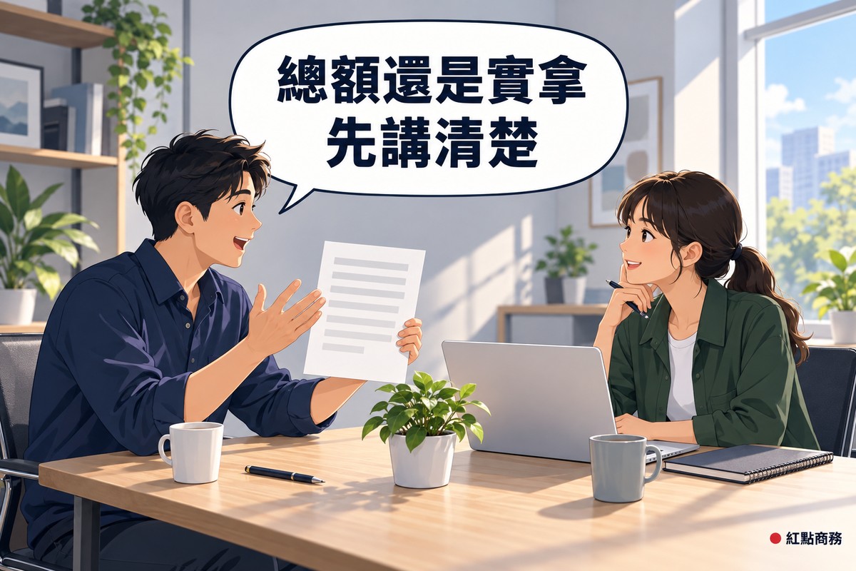 明亮的會議角落,穿靛藍色襯衫的短髮男老闆舉著一張只有灰色橫條的空白報價單,另一手攤開說明,對面穿深綠色夾克、肩長黑髮的女接案設計師坐著微笑傾聽,面前有自己的素描本與螢幕空白的筆電,桌上有筆、兩個馬克杯和一盆綠色植物,對話氣泡寫著總額還是實拿先講清楚