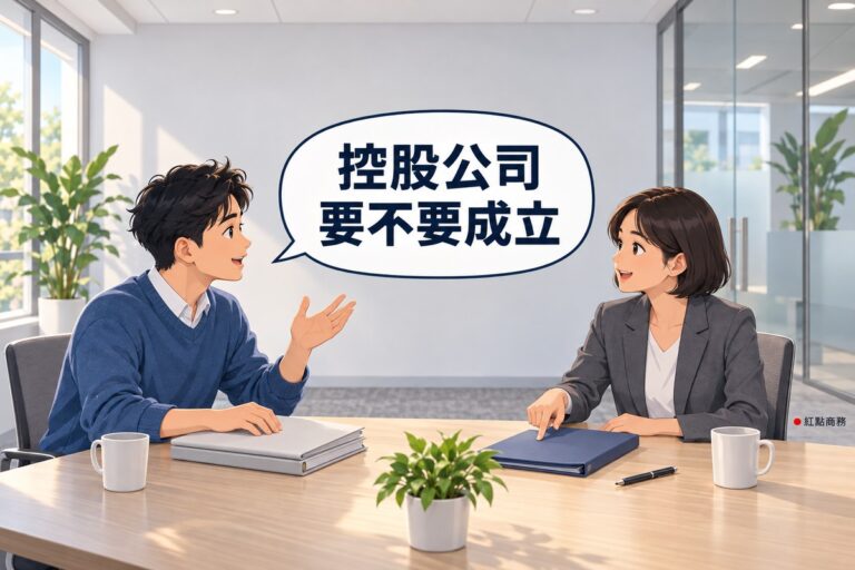 明亮的小會議室,左邊短捲黑髮、穿霧藍色毛衣的年輕負責人一手放在兩本空白資料夾上、一手攤開發問,右邊短鮑伯頭、穿石墨灰西裝外套的女顧問指著另一本靛藍色空白資料夾微笑說明,後方霧面玻璃外有一盆高大的綠色植物,對話氣泡寫著控股公司要不要成立