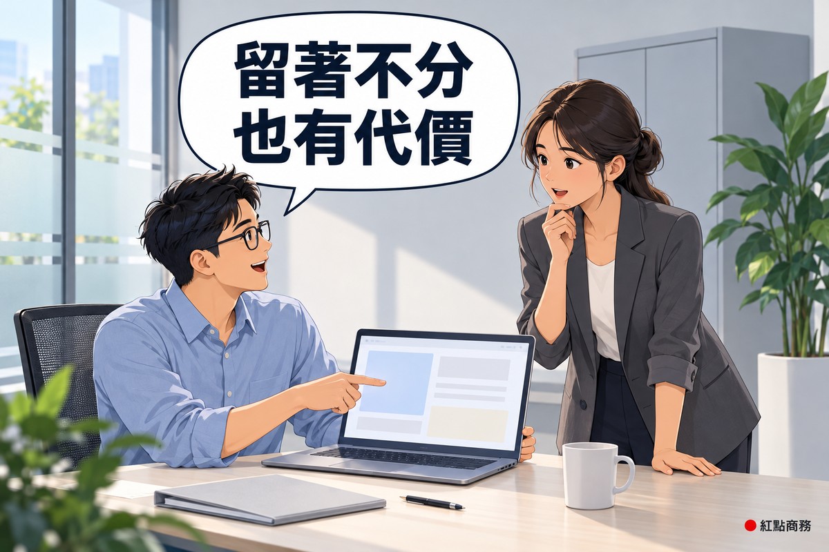 明亮的小辦公室,左邊戴眼鏡、穿霧藍色襯衫的男會計師坐在桌前,把只有色塊的筆電轉向旁邊並指著螢幕說明,右邊盤低髮髻、穿石墨灰西裝外套的女負責人站在桌邊微微傾身、手輕扶下巴,對話氣泡寫著留著不分也有代價